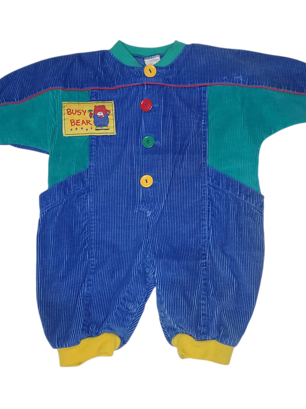 Vintage Busy Bear Corduroy Romper  Colorblock Blue Green Yellow Boys 3–6 Months